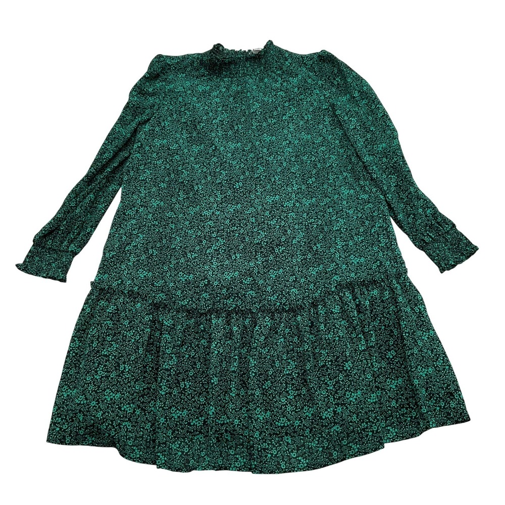 J Crew Dress Women XSmall Green Black Floral Smock Peasant Ruffle Lined